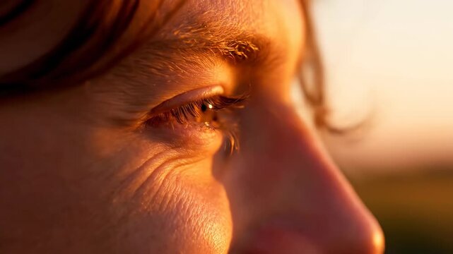 Womans side profile macro shot capturing eye closure sequence. Close-up of female face in warm sunset light transitioning from open to closed eyes. Serene contemplation and natural beauty concept for