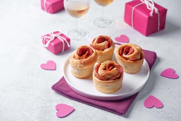 Sausage roses puff pastry for Valentine's day holiday