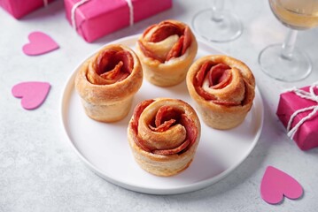Sausage roses puff pastry for Valentine's day holiday