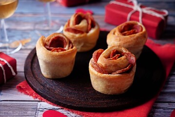 Sausage roses puff pastry for Valentine's day holiday