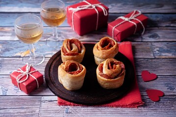 Sausage roses puff pastry for Valentine's day holiday