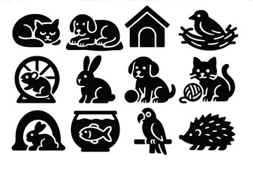 Animal Comfort Icons. Animal Comfort icon set in silhouette bold style. Contain sleeping cat, dog on blanket, cozy kennel, bird in nest, hamster in wheel, bunny