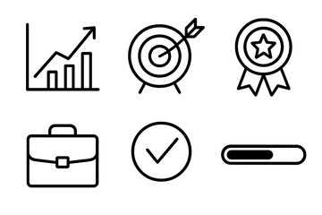 Women's Day Achievement Icons. International Women’s Day Professional Achievements milestones set in outline vector style: upward graph, target, award star, briefcase, checkmark, progress bar
