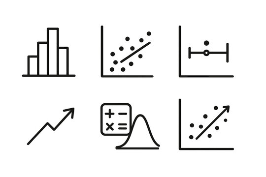 Data Analysis Icons. Statistical Data Analysis set in outline vector style: histogram, scatter plot, regression line, confidence interval, outlier dot, trend