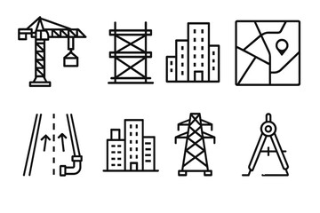 Urban Development Icons. Urban Growth set in outline vector style: construction crane, building scaffold, road expansion, zoning map, city skyline rise,
