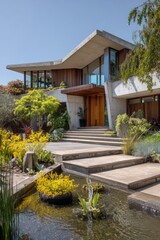Modern house with gardens and water features located in a sunny area. The structure combines concrete and glass elements. Stairs lead to the entrance surrounded by plants and flowers
