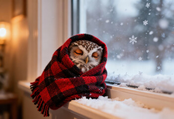 A cute sleepy owl wrapped in a cozy red plaid scarf resting on a snowy windowsill. Adorable animal character enjoying warmth during a cold winter day