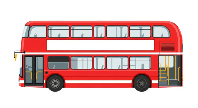 An iconic red double-decker bus, flat stylized vector illustration in side view with an open rear door and blank ad panel, on a transparent background with copy space, London transportation concept