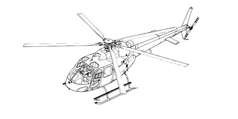 Helicopter Aviation Vector - Aerial Aircraft with Rotor Blades Technical Line Art Design