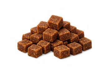 Brown sugar cubes forming a heap, raw unrefined cane sugar blocks for sweetening food and beverages, transparent background