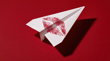 White paper airplane bearing a prominent red lipstick kiss mark resting on vibrant background