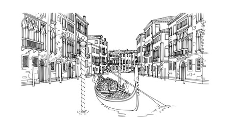 Obraz premium Venice Gondola Boat Vector - Italian Canal Transport with Architectural Details Romantic Line Art