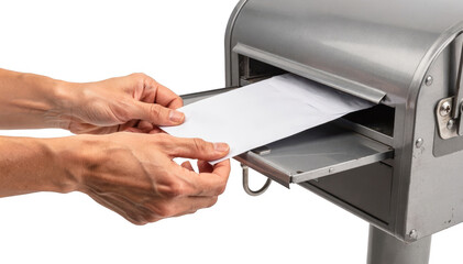 Detailed view of hands carefully dropping a sealed stool test envelope into a residential mailbox slot showcasing privacy and responsible health practices.