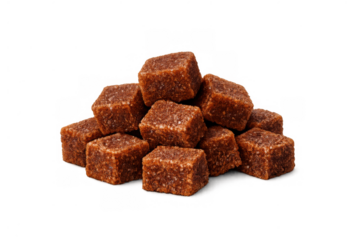 Heap of brown sugar cubes, sweetening coffee and tea, healthy eating and natural ingredient concept