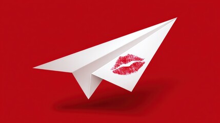 White paper airplane with striking red lipstick kiss mark flies against vibrant background