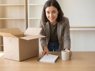 Woman smiling while unpacking a box at an office desk graphic design
