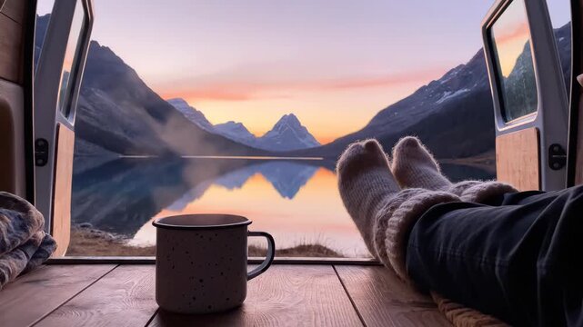 View from inside camper van overlooking serene mountain lake at sunset. Relaxing socked feet extended through open door with coffee mug on wooden floor capturing peaceful nature escape and travel