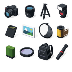 Isometric Photography Gear Icons. Photography Gear set in isometric flat vector : camera, lens, tripod, flash, memory card, photo frame, light reflector, film