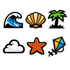 Bold Ocean Icons. Ocean Breeze icon set in silhouette bold style. Contain Wave, Seashell, Palm Tree, Cloud, Starfish, Kite