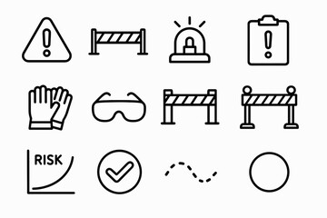 Safety Icons Collection. Risk & Hazard Check set in outline vector style: warning symbol, hazard tape, alert light, inspection panel, glove pair, goggles