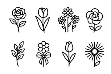 March Floral Outlines. March 8 Floral Inspirations set in outline vector style: blooming rose, tulip stem, daisy trio, soft petal swirl, leafy sprig, floral ribbon, fresh bud, radiant bloom