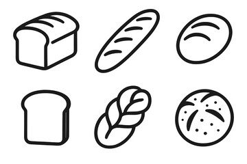 Black Line Bread Icons. Baked Goods breads set in outline vector style: loaf, baguette, roll, slice, braided bread, rustic round