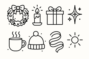 Festive Holiday Icons. Holiday Spirit set in outline vector style: festive wreath, glowing candle, wrapped gift, sparkling star, warm mug, cozy hat, ribbon swirl, joyful glow