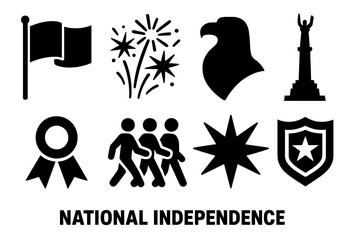 Brutalist Independence Icons. National independence icon set in silhouette bold style. Contain flag icon, fireworks burst, eagle silhouette, monument,