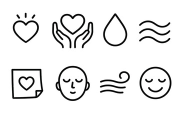 Icons of Comfort. Emotional Daily Comfort set in outline vector style: glowing heart, supportive hands, soothing droplet, comfort wave, gratitude note, calm breath icon, gentle breeze, warm smile
