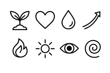 Icons of Inner Growth. Inner Growth set in outline vector style: rising sprout, heart intention, insight droplet, upward curve, gentle flame, clarity beam, mindful gaze, renewal swirl