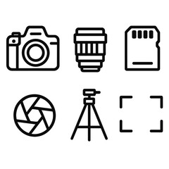 Photography Icon Set. Photographer essentials set in outline vector style: camera body, lens, memory card, tripod, shutter icon, viewfinder frame