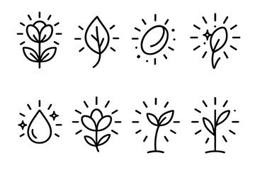 Radiant Botanical Icons. Botanical Radiance set in outline vector style: blooming flower glow, sunlit leaf, radiant seed, dew sparkle, petal flare, sprout shine, luminous stem, garden light