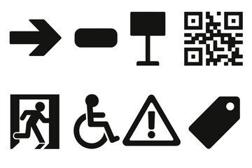 Brutalist Icon Collection. Gallery Light Signage & Info icon set in silhouette bold style. Contain directional arrow, room plaque, info stand, QR code tile,