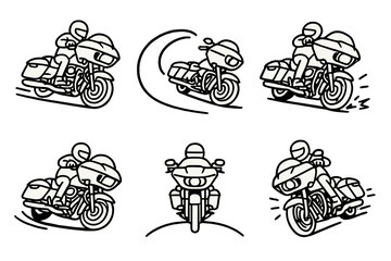 Cycle Drift Icons. Cycle Drift Road Glide set in outline vector style : smooth wheel streak, drifting route curve, speed arc, turning line, glide dot, motion spark