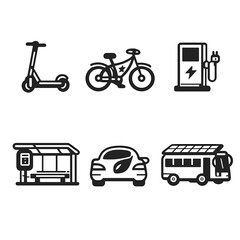 Sustainable Transport Icons. Sustainable transportationset in outline vector style electric scooter, e-bike, charging station, bus stop, green car, solar panel bus