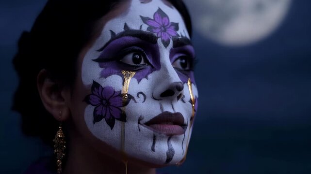 Woman with sugar skull makeup looking at the moon during Dia de los Muertos.