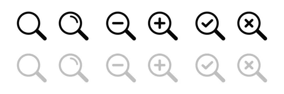 Magnifying glass icons zoom in out check mark and cross isolated on transparent background