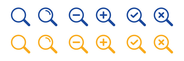 Blue and orange magnifying glass icons for zoom and search isolated on transparent background © Moin