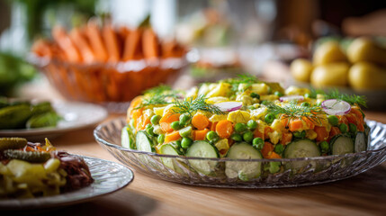 Fresh traditional Olivier salad or Russian potato salad with green peas, diced carrots, cucumbers, and dill garnish served on a festive table for celebration, holiday dinner, or healthy organic meal