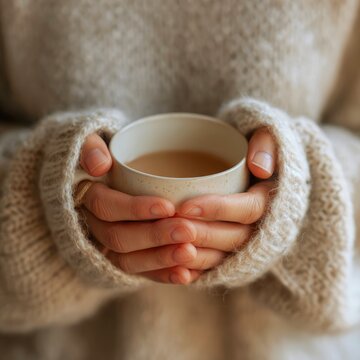 Hands Holding Warm Cup of Tea or Coffee, Cozy Lifestyle and Comfort Concept