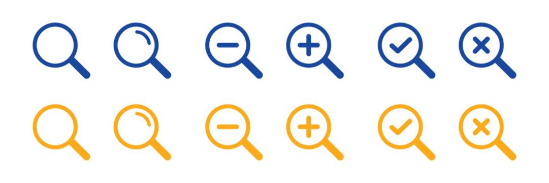 Blue and orange magnifying glass icons for zoom and search isolated on transparent background