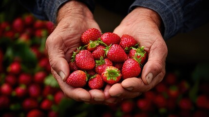 Farmer hands holding fresh ripe strawberries, organic harvest concept