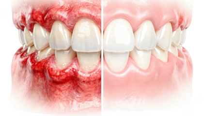 Closeup front teeth view emphasizing swelling and redness of inflamed gums compared to smooth pale pink healthy gums on isolated white background.