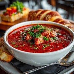 Traditional Red Soup with Meat and Herbs Served in White Bowl