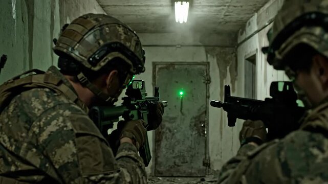 Over-the-shoulder view of soldier aiming rifle with laser in foggy corridor. Approaching glowing door in building breach. Tactical military assault sequence firing weapon.