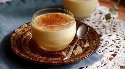 Traditional Homemade Vanilla Pudding with Cinnamon Served in Glass Bowl