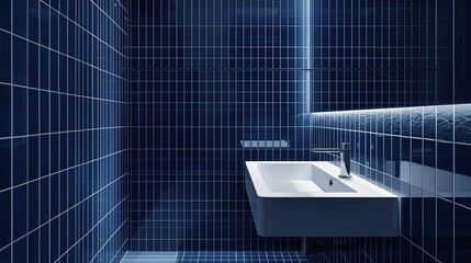 Spa-Style Bathroom Modern bathroom design featuring sleek sink and blue tile background for contemporary interiors