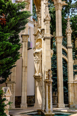 The photograph shows a coniferous evergreen larch tree, which is located in a city park near a beautiful old building with carved columns and light beige architectural elements.