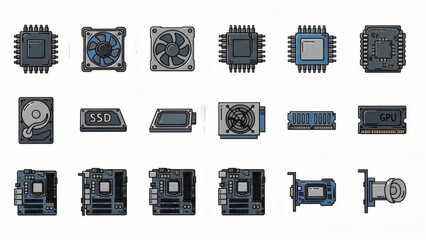 Computer components and microchips isolated on a white background