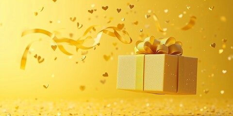 Matte yellow cardboard box with glossy ribbons floating in the bottom right corner, releasing a cloud of shiny glossy yellow hearts.